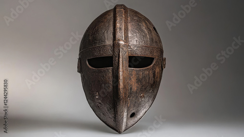 Knight warrior helmet, heraldry armor with visor. Vector medieval knight, spartan soldier, roman gladiator or greek warrior metal helm front view. Ancient battle armour, old iron helmet isolated sign photo