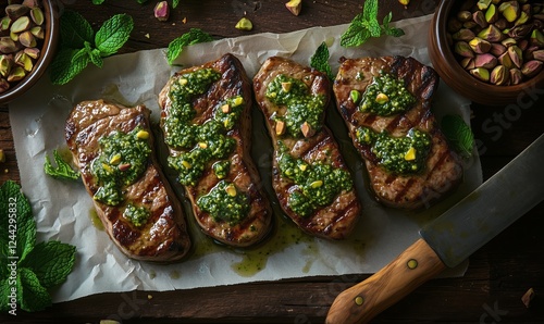 Grilled steak with herb sauce and nuts displayed on wooden table during eveni...