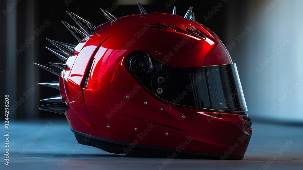 Red racing helmet with spikes projecting from the back giving the impression of speed, side view Red racing helmet with spikes projecting from the back giving the impression of speed, side view