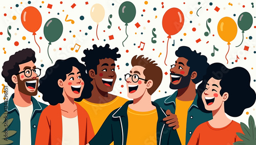 Happy crowd dancing on birthday party banner. Cheerful people celebrate the holiday together. A group of friends moves with music and has fun at a festive event. Flat isolated vector illustration on w