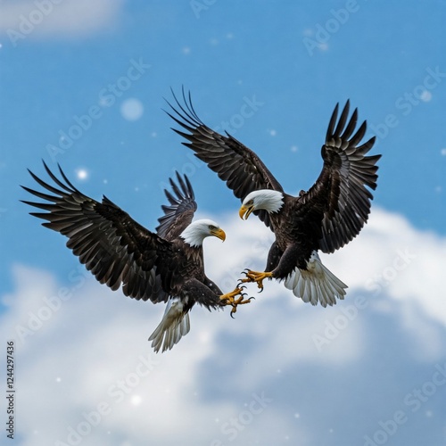 Two bald eagles with outspread wings and talons extended are locked in an aerial conflict against a blue sky with soft white clouds