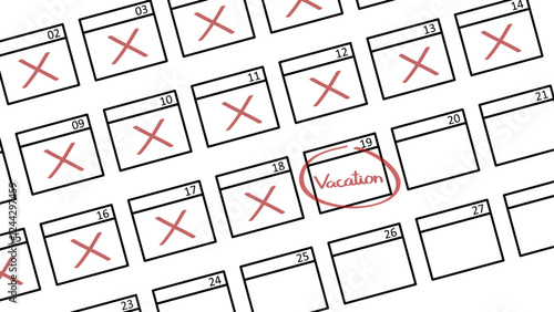 Holiday date marked on the calendar with a red circle. Illustration of a calendar with several days crossed out in red and the 19th day circled, marked with the word "vacation"