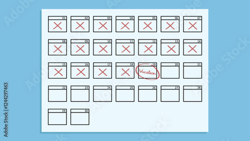 A calendar with days crossed out and one day marked with the word "vacation"