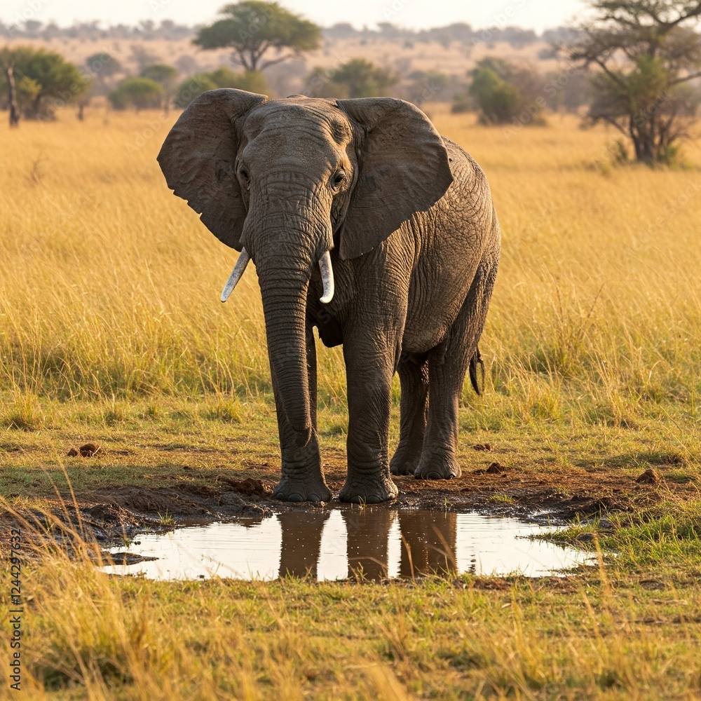 Fototapeta premium Elephant Standing in a Puddle in the African Savanna – Drought and Water Scarcity Concept