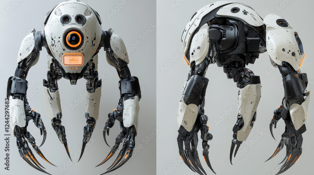 Cartoon robot vector cyborg toy or bot character, artificial intelligence technology. Robot with claw arms and digital glow display, camera and microphone, isolated electronic chatbot Cartoon robot vector cyborg toy or bot character, artificial intelligence technology. Robot with claw arms and digital glow display, camera and microphone, isolated electronic chatbot