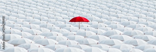 A Single Red Umbrella - A sea of white umbrellas, one red umbrella stands out, symbolizing uniqueness, individuality, standing out, different, and being bold. photo