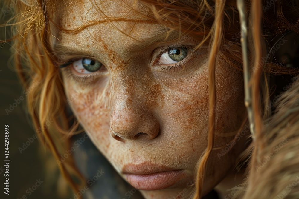 Portrait of determined young girl with freckles and striking green eyes Portrait of determined young girl with freckles and striking green eyes