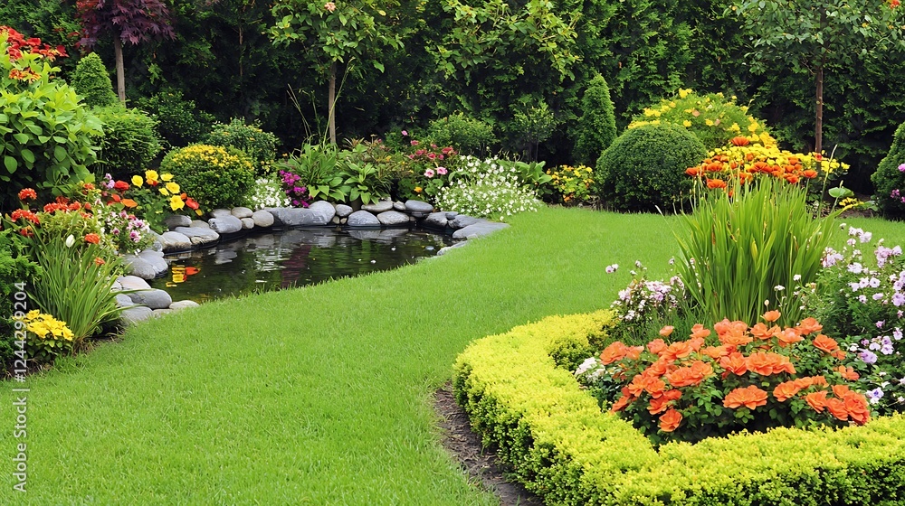 Obraz premium A tranquil garden with neatly trimmed hedges, a small pond, and blooming flowers