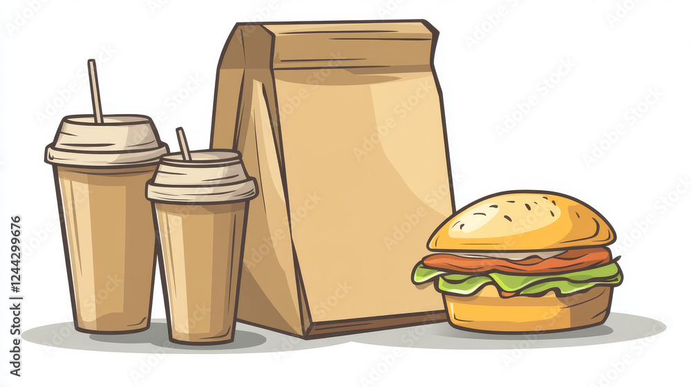 Paper lunch box, craft food container cardboard package bag outline icon. Vector takeout fastfood container mockup, takeaway packaging template Paper lunch box, craft food container cardboard package bag outline icon. Vector takeout fastfood container mockup, takeaway packaging template