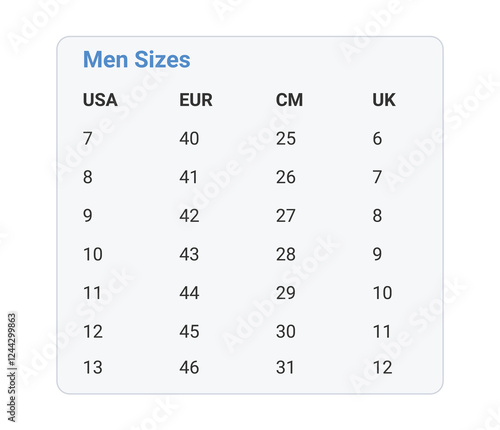 Men shoe size conversion chart for USA, Europe, centimeters, and UK. The chart provides clear measurements for international sizing.