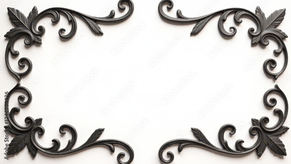 Ornate black scroll frame filigree with intricate leaf and swirl designs on a white background. Ornate black scroll frame filigree with intricate leaf and swirl designs on a white background.