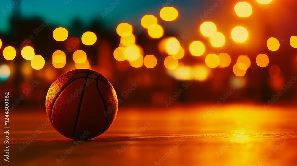 A close-up of a basketball on a court illuminated by warm, glowing light during twilight A close-up of a basketball on a court illuminated by warm, glowing light during twilight