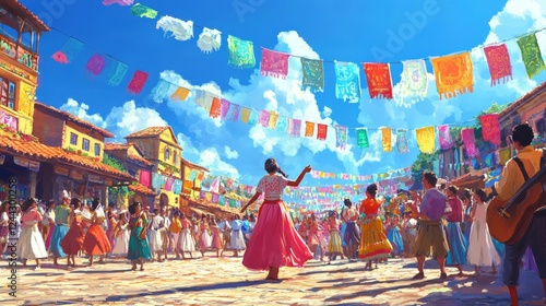 A vibrant festival unfolds in a colorful town square