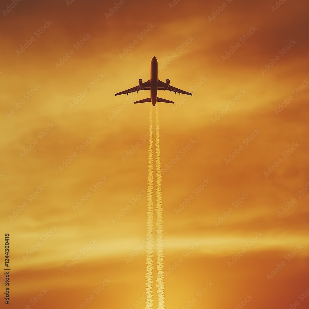 A commercial airplane flying at high altitude with a visible contrail against a vibrant golden sky a plane flying in the sky with a trail of smoke A commercial airplane flying at high altitude with a visible contrail against a vibrant golden sky a plane flying in the sky with a trail of smoke