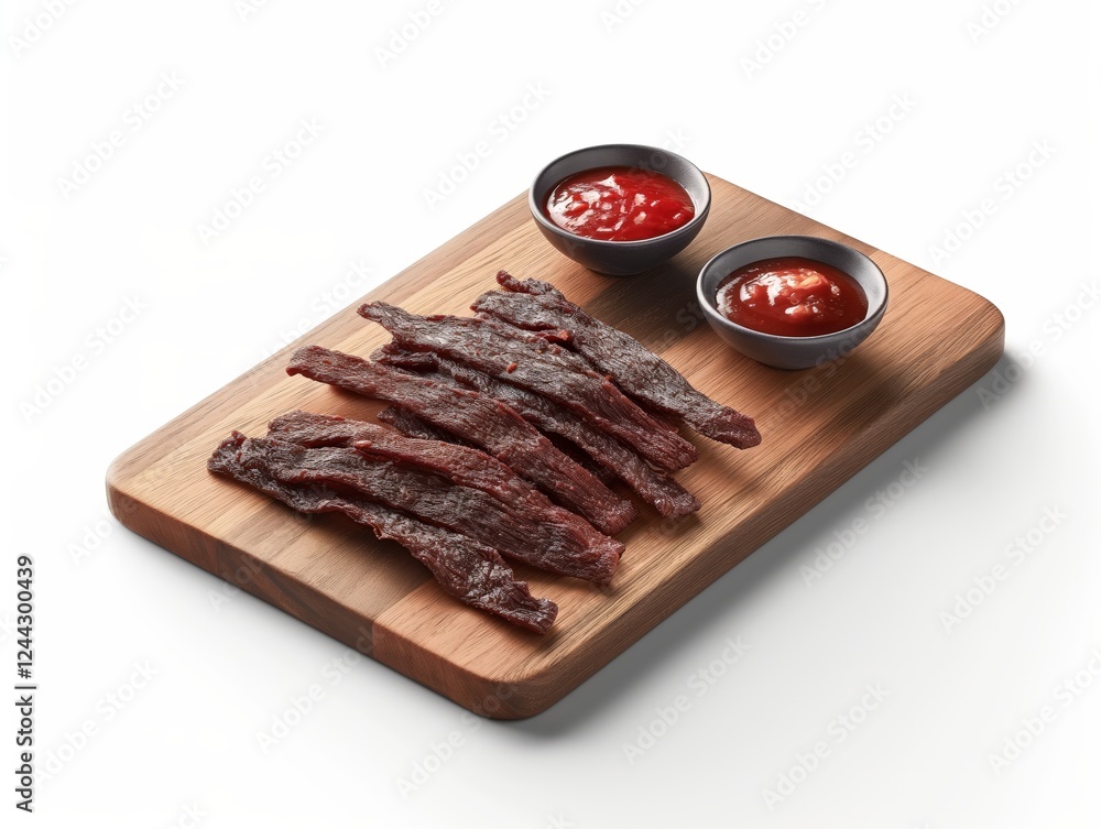 A close-up shot of gourmet beef jerky strips on a wooden cutting board with a side of sauce, showcasing a delicious and savory snack preparation a cutting board with beef strips and sauce on it A close-up shot of gourmet beef jerky strips on a wooden cutting board with a side of sauce, showcasing a delicious and savory snack preparation a cutting board with beef strips and sauce on it