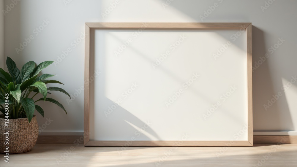 A wooden frame with a blank canvas leaning against a wall, next to a potted plant, bathed in natural light. A wooden frame with a blank canvas leaning against a wall, next to a potted plant, bathed in natural light.