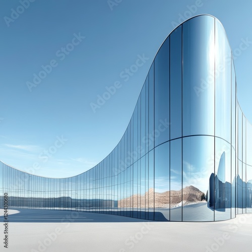 Modern building with curved glass facade reflecting sky. Contemporary architectural design against a clear blue backdrop 
