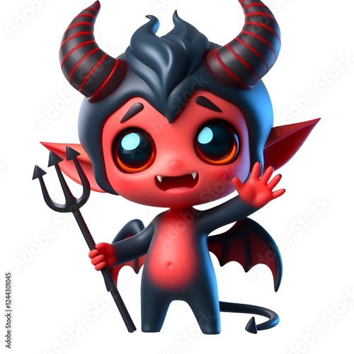 3D Cute demon waves his hand isolated on white background