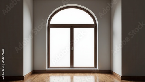 A transom window with a wooden frame and frosted glass, set in a white wall, above a polished wooden floor. photo