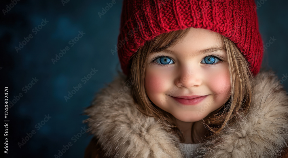 A smiling little girl with bright blue eyes wears a red knitted hat and fur jacket, radiating joy on a chilly winter day indoors A smiling little girl with bright blue eyes wears a red knitted hat and fur jacket, radiating joy on a chilly winter day indoors
