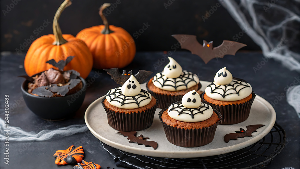 Halloween cupcakes, chocolate frosting, ghost faces, pumpkins, bats, spooky atmosphere, dark background, cobwebs, orange decorations, festive baking, detailed food photography, moody lighting, seasona Halloween cupcakes, chocolate frosting, ghost faces, pumpkins, bats, spooky atmosphere, dark background, cobwebs, orange decorations, festive baking, detailed food photography, moody lighting, seasona