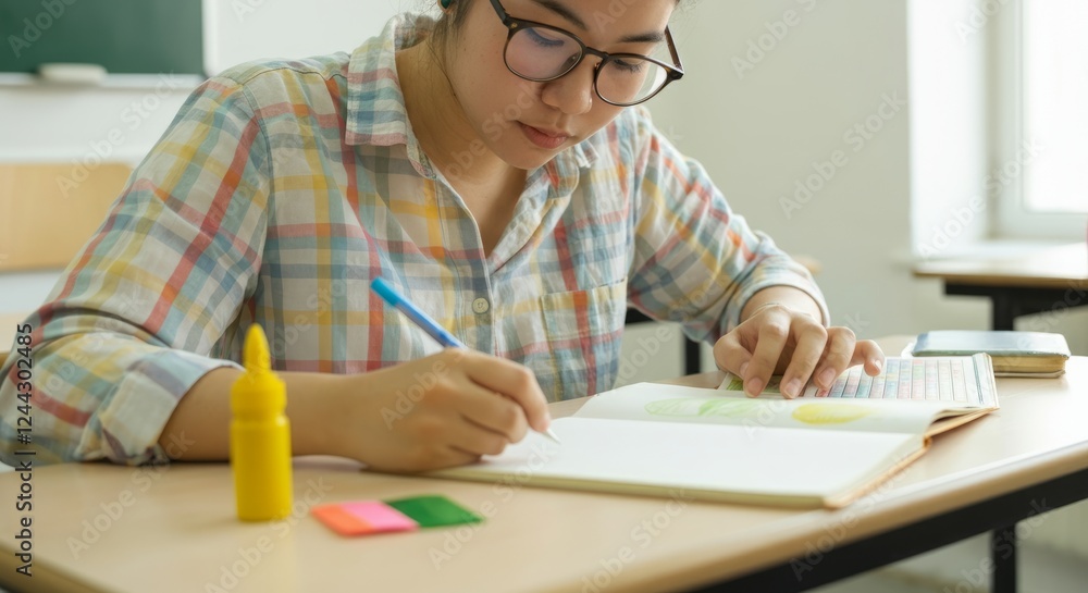 A girl is writing in a notebook with a blue pen A girl is writing in a notebook with a blue pen