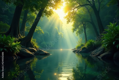 Sun-drenched rainforest canopy reflected in calm river water, ferns, iconic photo