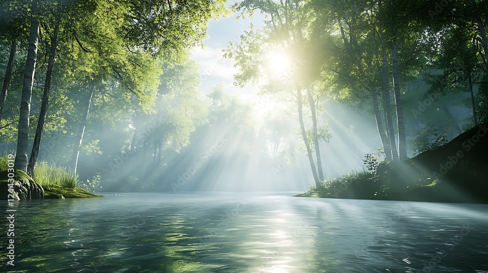 A tranquil river winding through a forest, with dappled sunlight on the water and a gentle breeze A tranquil river winding through a forest, with dappled sunlight on the water and a gentle breeze