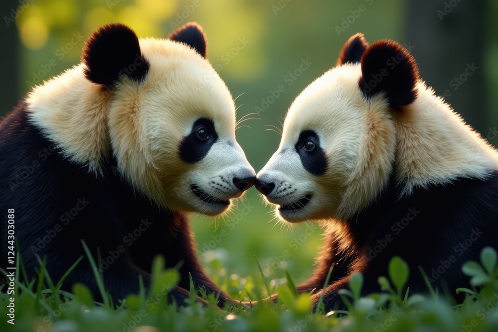 Obraz premium Two large panda heads gazing at each other, intimate scene , romance, friendship