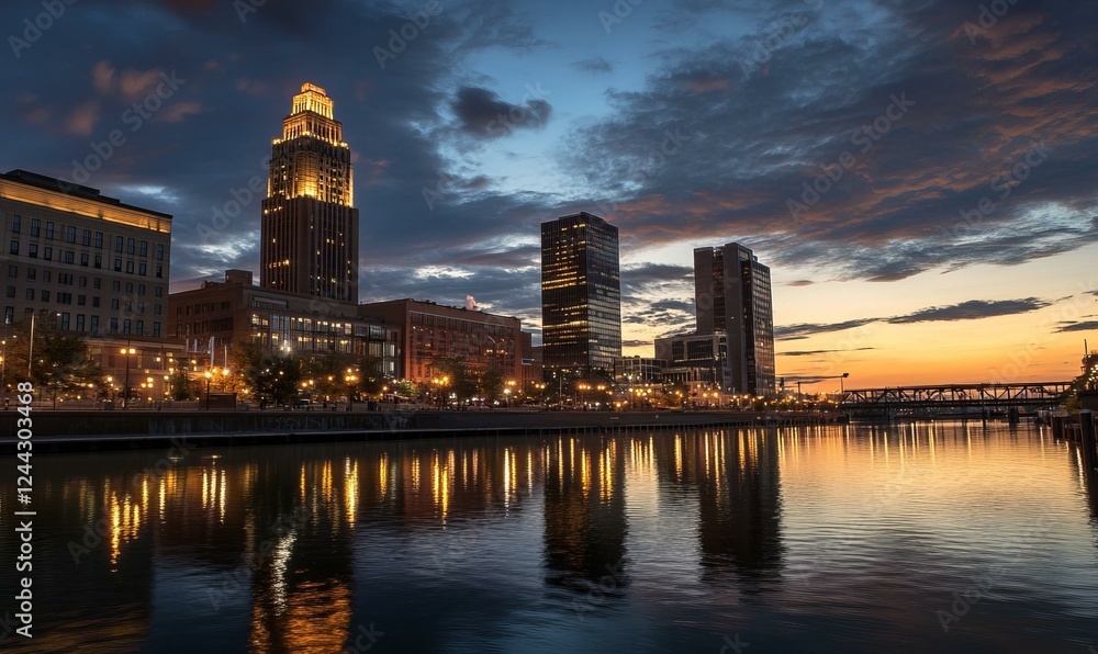 Naklejka premium Downtown skyline at sunset reflecting on calm water.