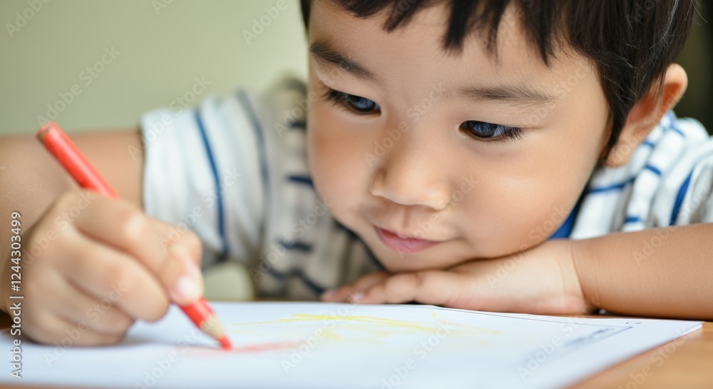 A young boy is drawing with a red crayon A young boy is drawing with a red crayon