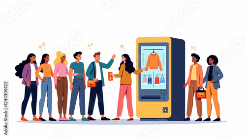 Different characters taking tickets from kiosk machine offering different stylish clothing modern flat design website banner