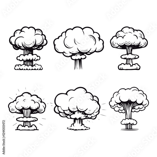 Cartoon nuclear explosion cloud and mushroom cloud. Cartoon black illustration set. White background
