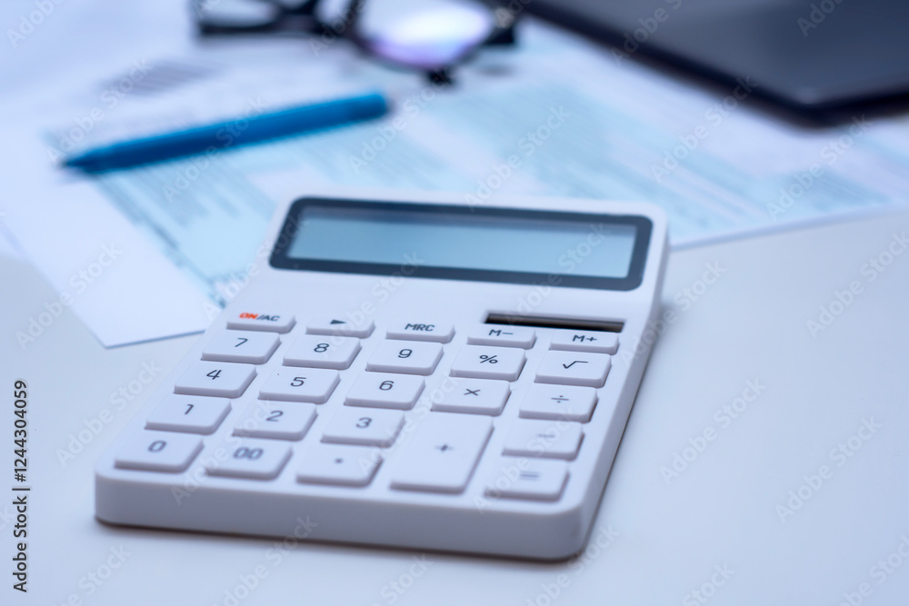 Tax Calculation and Financial Planning with documents. Close-up of tax forms, laptop, calculator and glasses on a table. Tax Calculation and Financial Planning with documents. Close-up of tax forms, laptop, calculator and glasses on a table.