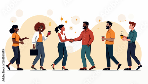 Different business team members sitting, talking, greeting, shaking hands, taking part in business groups, meeting, brainstorming, coffee break. Multiethnic people vector illustrations isolated.