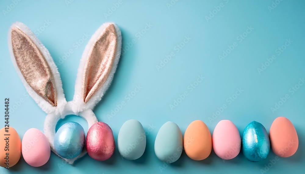 Easter-themed bunny ears playfully peeking from a hole on a pastel blue background. With Easter eggs. Ai Generative Easter-themed bunny ears playfully peeking from a hole on a pastel blue background. With Easter eggs. Ai Generative