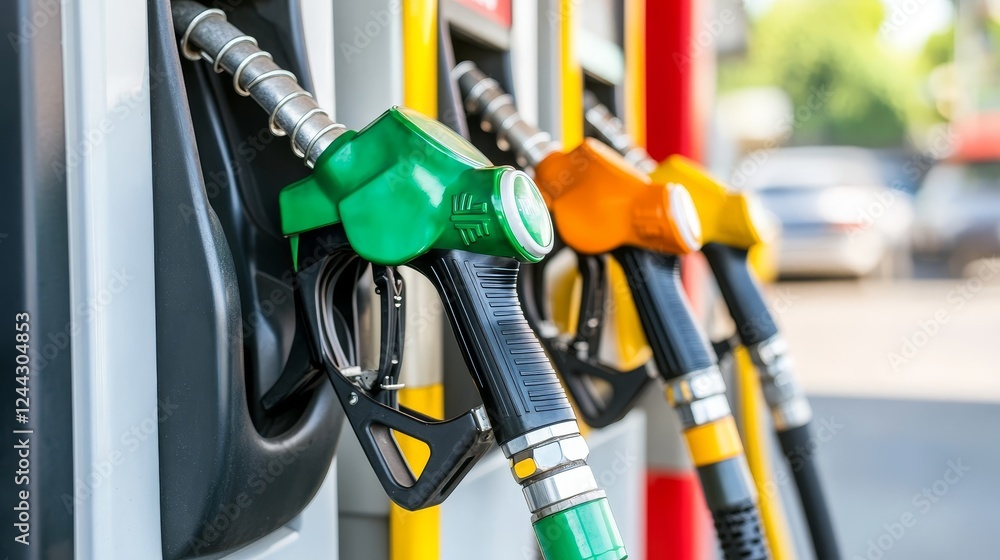 Colorful fuel dispensers at a gas station with vehicles in the background on a sunny day Colorful fuel dispensers at a gas station with vehicles in the background on a sunny day
