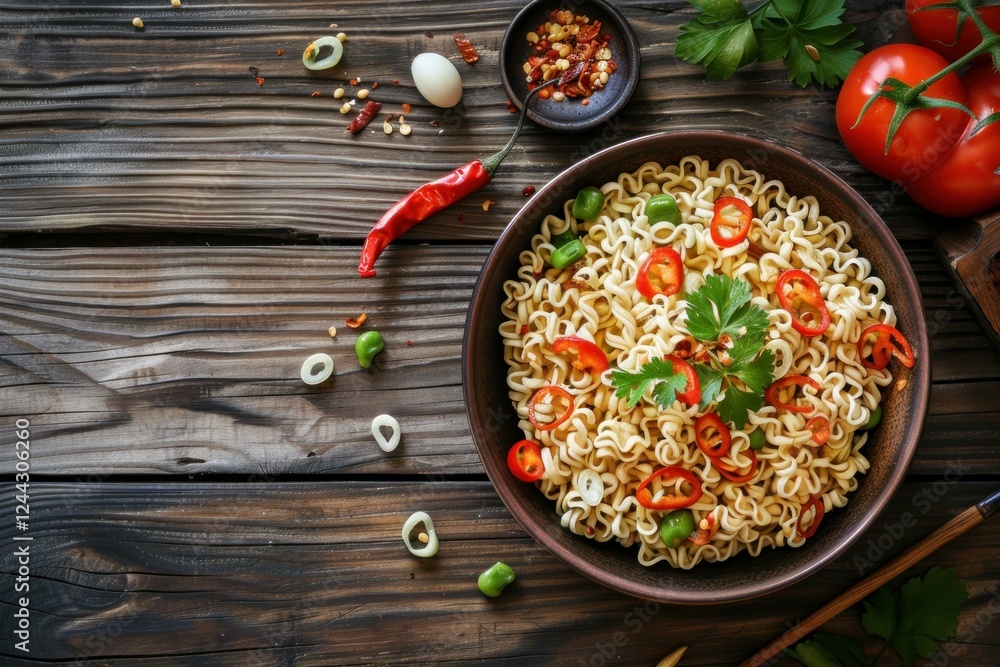Steaming bowl of instant noodles seasoned with chili pepper and parsley, creating a flavorful and aromatic dish Steaming bowl of instant noodles seasoned with chili pepper and parsley, creating a flavorful and aromatic dish
