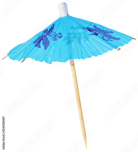 Photography Light blue cocktail umbrella with floral prints isolated on transparent background