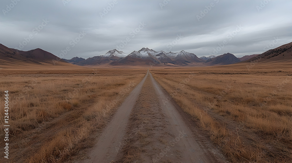 Lonely road through autumnal plains towards snow-capped mountains Lonely road through autumnal plains towards snow-capped mountains