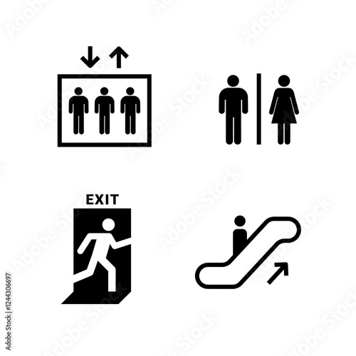 Set of Public Facility Icons Elevator, Restroom, Exit, and Escalator minimal symbols icon