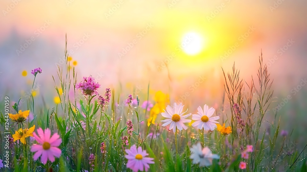 Fototapeta premium A tranquil sunrise over a foggy meadow, with dew-covered grass and wildflowers