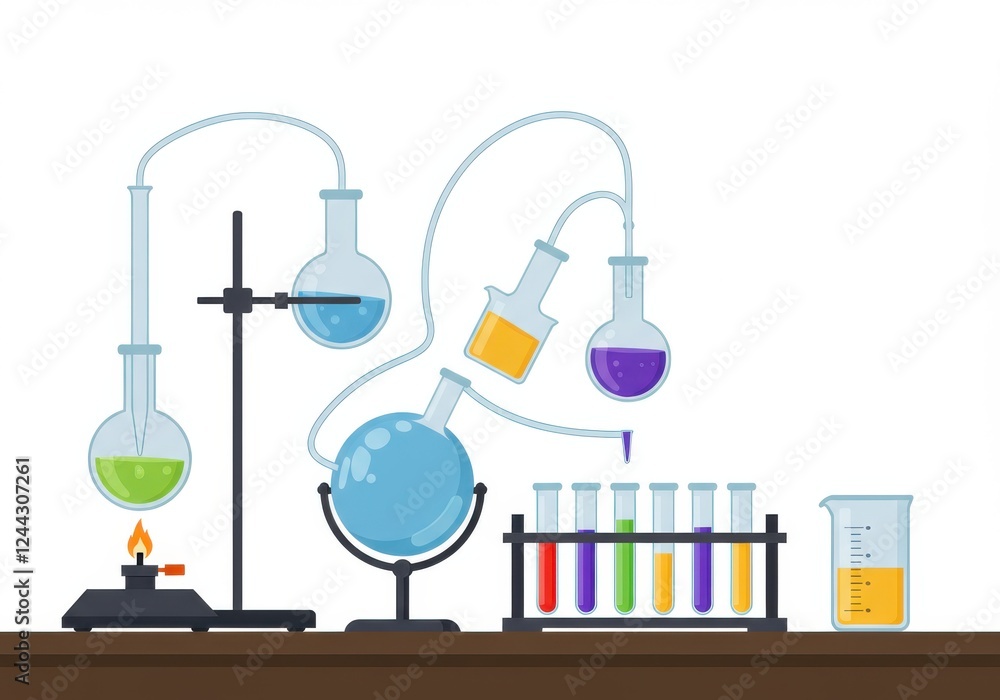 a laboratory setup with various pieces of equipment arranged on a horizontal surface against a white background.