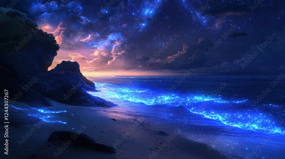 Fototapeta premium Night Sky Beach Scene With Glowing Waves