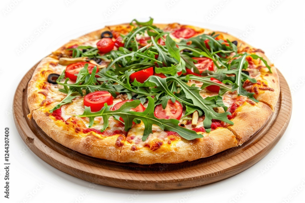 Freshly baked pizza with arugula, tomatoes, and olives, served on a wooden board, makes a tempting culinary delight Freshly baked pizza with arugula, tomatoes, and olives, served on a wooden board, makes a tempting culinary delight