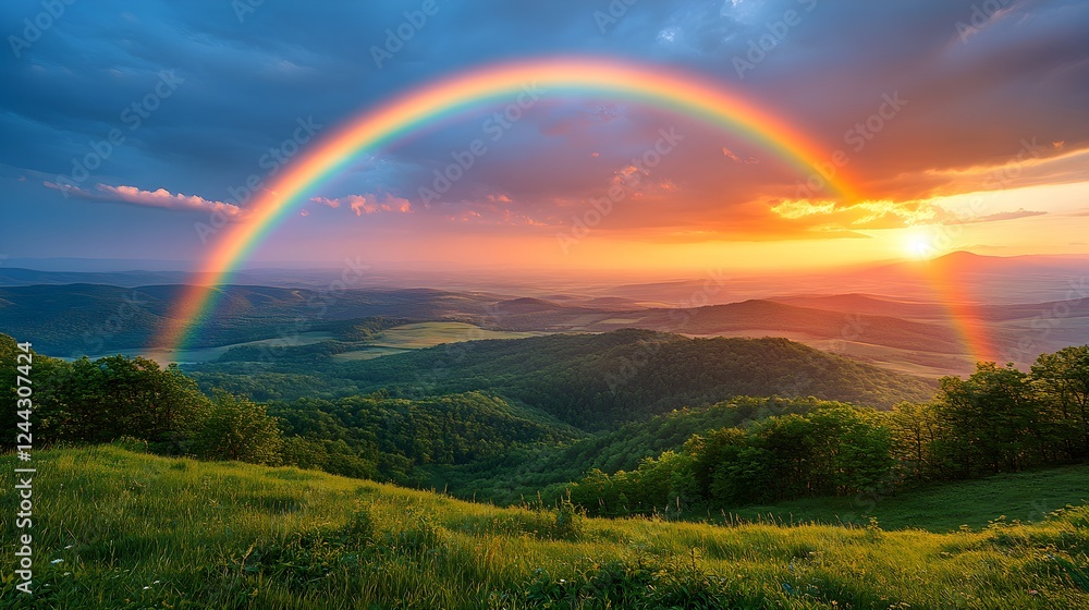 Vibrant Rainbow Arching Over Rolling Hills Capturing Hope and Positivity – Generative AI Vibrant Rainbow Arching Over Rolling Hills Capturing Hope and Positivity – Generative AI