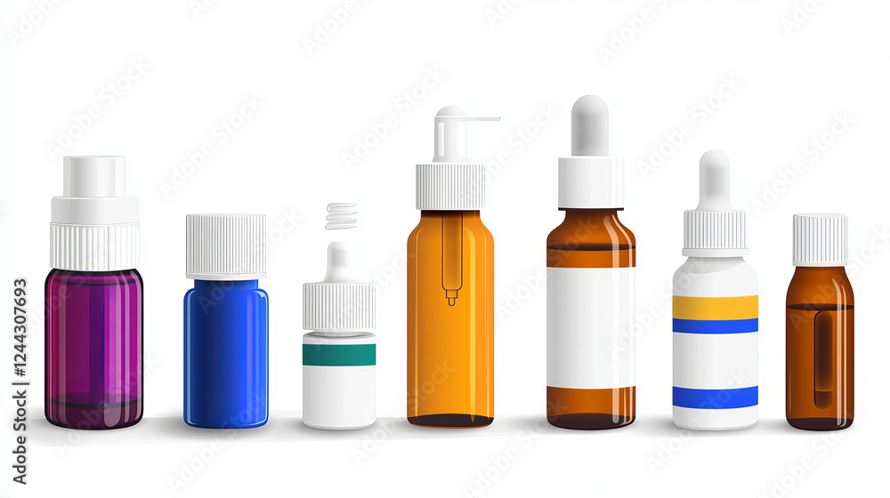 Nasal spray realistic bottles of nose medicines, vector mockup of medical packaging. White plastic containers with spray nozzle, pump and tube sprayers, isolated 3d objects of pharmaceutical packages Nasal spray realistic bottles of nose medicines, vector mockup of medical packaging. White plastic containers with spray nozzle, pump and tube sprayers, isolated 3d objects of pharmaceutical packages