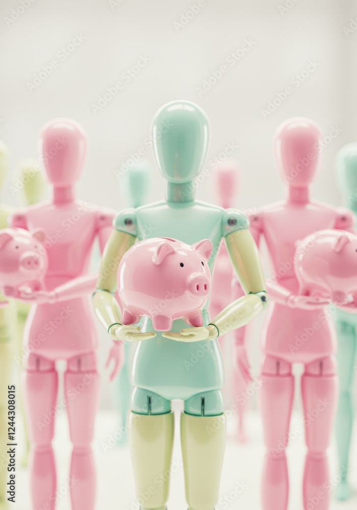 Colorful transparent mannequins holding piggybanks, with a dark solid blurred background and a dreamy filter effect.
Colorful transparent mannequins holding piggybanks, with a dark solid blurred background and a dreamy filter effect.