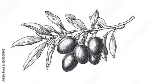 Sketch of olive tree branch with green olives. Vector object, vegetarian vegetable food salad ingredient and seasoning pack design for Italian, Mediterranean, Greek or Spanish cuisine photo