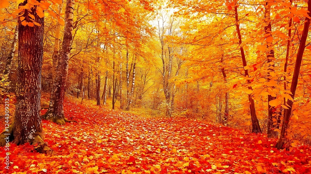 Naklejka premium A vibrant autumn forest with a carpet of fallen leaves and the sound of a gentle breeze rustling through the trees
